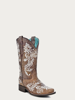 Corral Women's Glow in the Dark White Feathered Floral Embroidery Brown Square Toe Western Boot