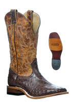 Boulet Genuine Ostrich Brown Wide Square Toe  Cognac Shaft Western Boot