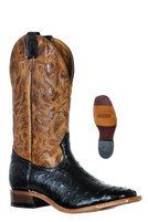 Boulet Men's Genuine Ostrich Black Wide Square Toe Cognac Shaft Western Boot