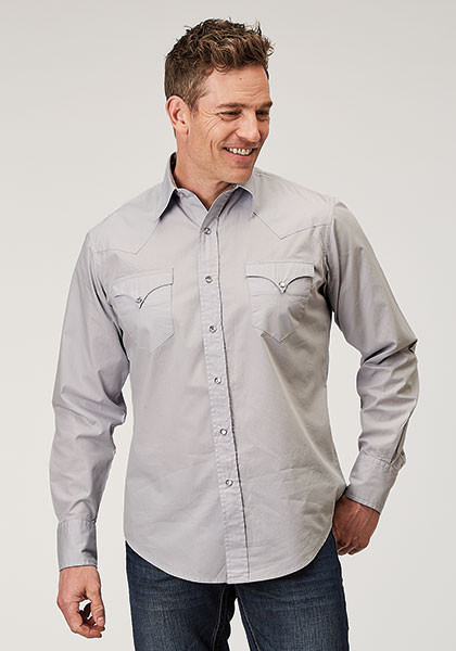 Men's Roper Solid Poplin Grey Pearl Snap Western Shirt - Herbert's