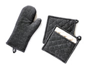 Luxurious Oven Mitt & Quilted Pot Holders,  Linen-Cotton, Set - Charcoal Grey