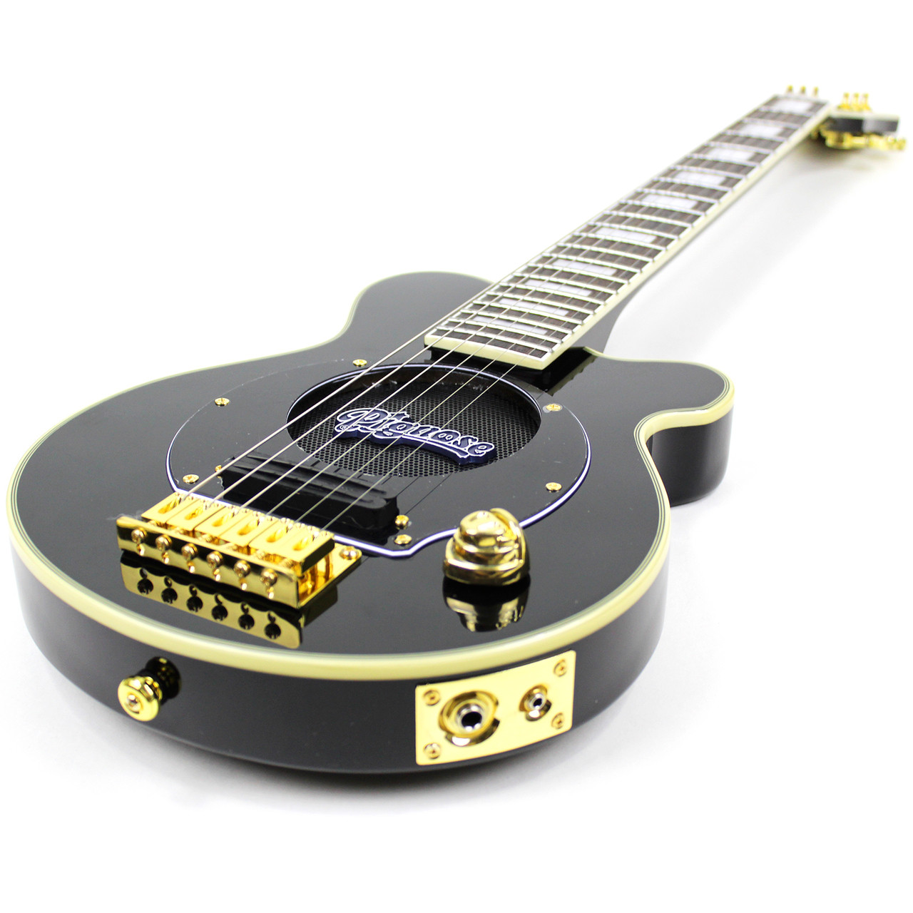 Pignose PGG-200 Deluxe Mini Electric Travel Guitar with Built-in Amp, Black  (Gold Hardware)