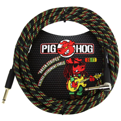 Pig Hog PCH20RAR Vintage Series 20' ft Woven Instrument Cable, Rasta Stripes (PCH20RAR)