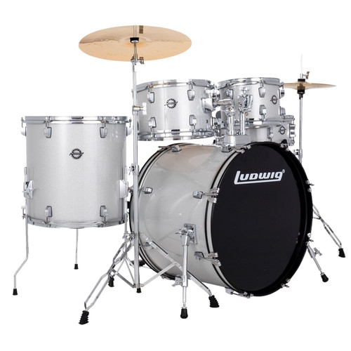 Ludwig LC195 Accent Drive 5-Piece Complete Drum Set with Cymbals and Hardware, Silver Sparkle (LC19515)