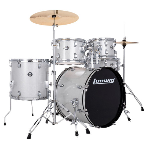 Ludwig LC190 Accent Fuse 5-Piece Complete Drum Set with Cymbals and Hardware, Silver Sparkle (LC19015)