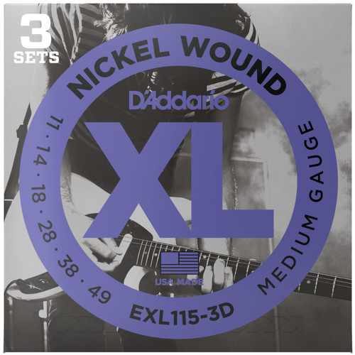 D'Addario EXL115-3D XL Nickel Wound Electric Guitar Strings, 11-49 Medium, 3-Pack (EXL115-3D)