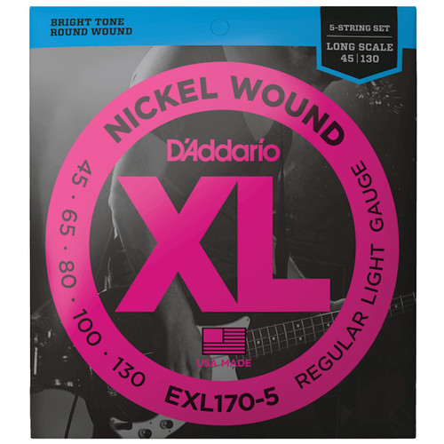 D'Addario EXL170-5 XL Nickel Wound Bass Guitar Strings, 45-130 Regular Light, Long Scale (EXL170-5)