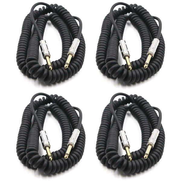 Perfektion PM306 Black 20FT Coiled Guitar, Bass, & Instrument Cable - 4 PACK
