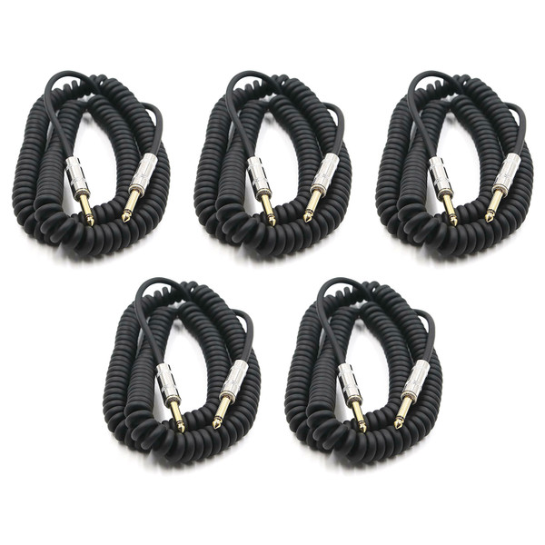 Perfektion PM306 Black 20FT Coiled Guitar, Bass, & Instrument Cable - 5 PACK