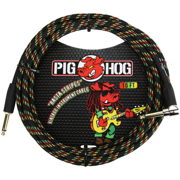 Pig Hog PCH10RAR Vintage Series 10ft Woven Instrument Cable, Rasta Stripes