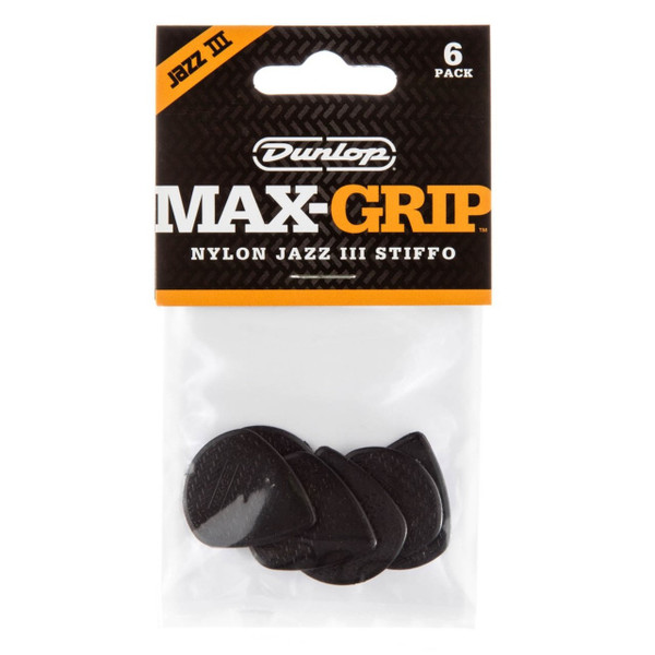 Dunlop 471P3S Max-Grip Jazz III Stiffo Guitar Picks, 6 Pack