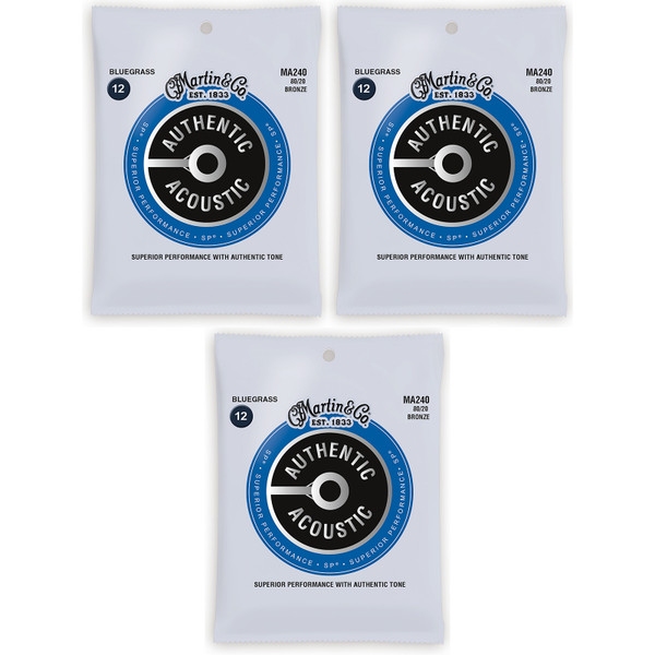 Martin MA240 Authentic Acoustic SP 80/20 Bronze Bluegrass Guitar Strings - 3 PACK