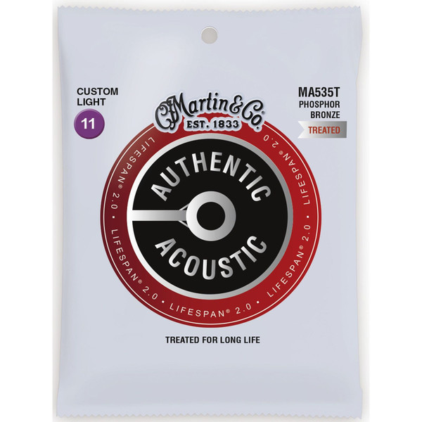 Martin MA535T Acoustic Lifespan 2.0 Acoustic Guitar Strings, Custom Light .011-.052

