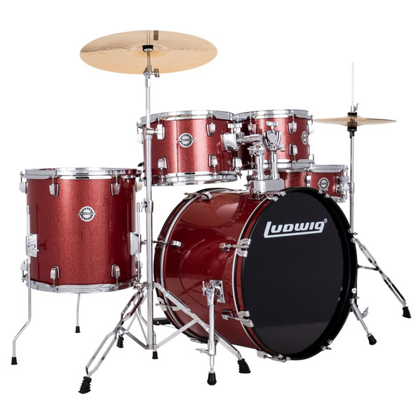 Ludwig LC195 Accent Drive 5-Piece Complete Drum Set with Cymbals and Hardware, Red Sparkle (LC19514)