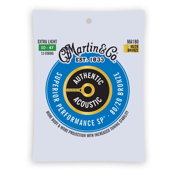 Martin MA180 Authentic Acoustic SP 80/20 Bronze Guitar Strings, 12-String, Extra Light 10-47 (MA180)