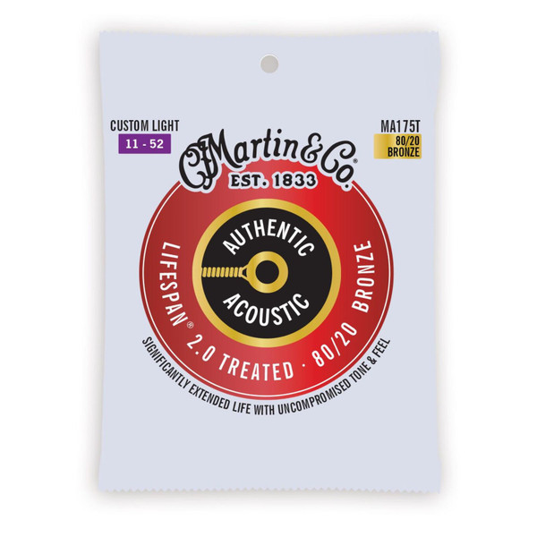 Martin MA175T Authentic Acoustic Lifespan 2.0 Guitar Strings, 80/20 Bronze, Custom Light 11-52