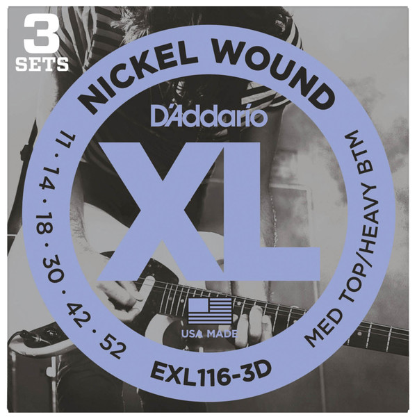 D'Addario EXL116-3D XL Nickel Electric Guitar Strings, 11-52 Medium Top/Heavy Bottom, 3-Packs (EXL116-3D)