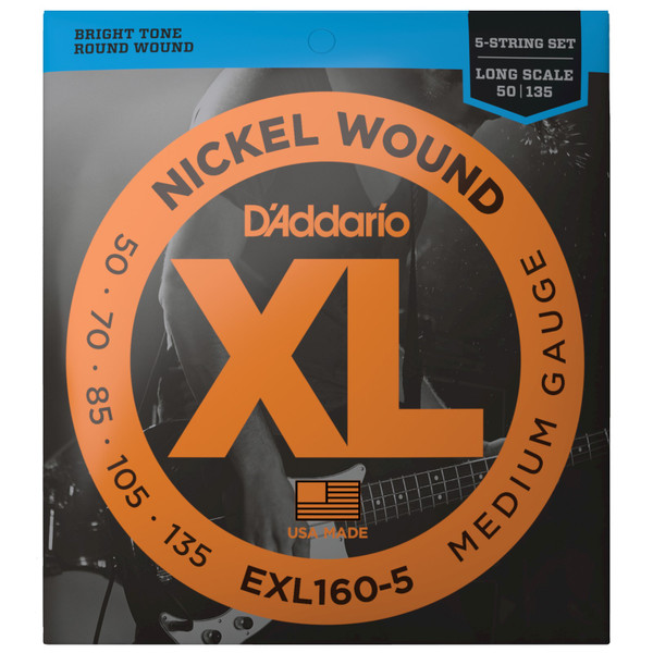 D'Addario EXL160-5 XL Nickel Wound Bass Guitar Strings, 50-135 Medium, Long Scale (EXL160-5)