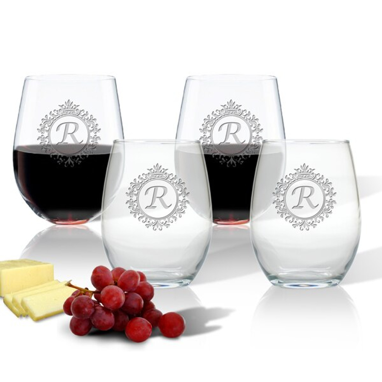 Icon Picker Wine Stemless Tumbler - Set Of 4 (Glass)(Initial/Monogram Prime  Design) by Carved Solutions