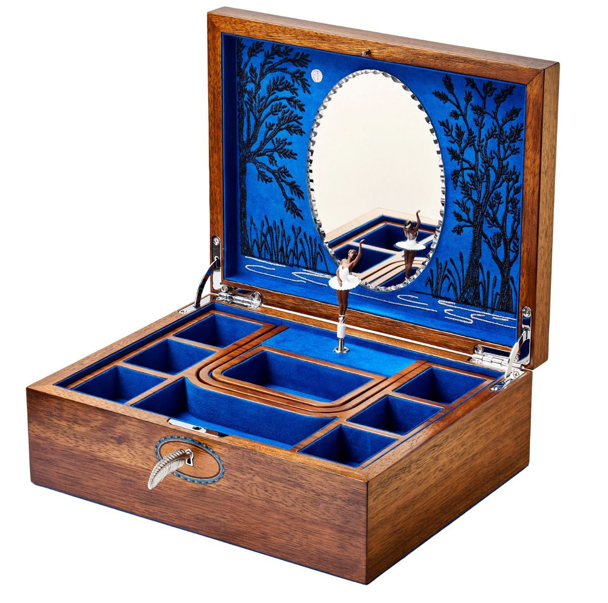 WOLF Ballet Musical Jewellery Box - Swan Lake Walnut Wood