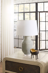 Villa & House Positano Lamp with Shade, 17-inch White Linen, Nickel & Frosty Mist Villa & House Positano Lamp with Shade, 17-inch White Linen, Nickel & Frosty Mist