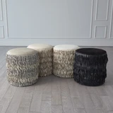 Global Views Thelma Fringe Ottoman - Light Gray Marbled Leather