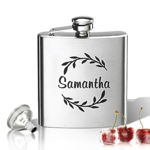 Stainless Steel Hip Flask (8 Oz) Personalized To Your Desire.  Name With Branch Wreath