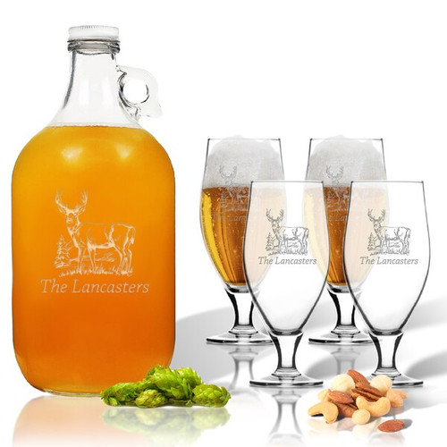 5 Piece Set: Growler  64 Oz.  & Cervoise Glass  16.75 Oz. (Set Of 4) Personalized Hillside Buck