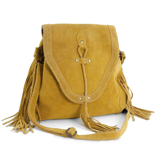 11 Inch Mustard Suede Handbag With Fringe