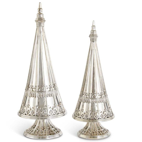 Set Of 2 Resin Antique Silver Ornate Christmas Trees