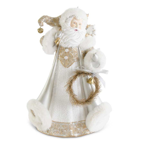 White Gold and Silver Resin Glittered Santa With Fur