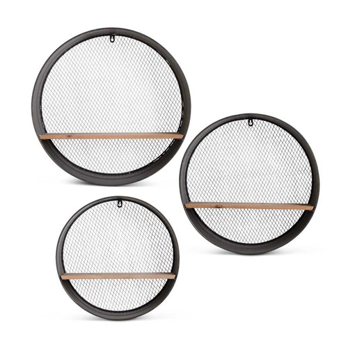 Set Of 3 Round Dark Metal Wall Shelves