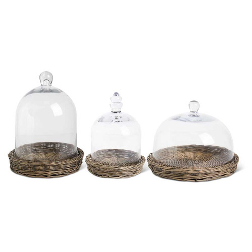 Set Of 3 Glass Cloches With Wicker Trays