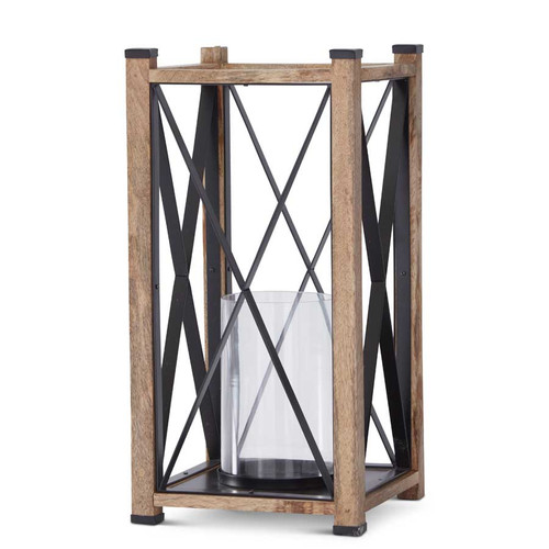 14.5 Inch Wood & Black Metal Lantern With Glass Cylinder