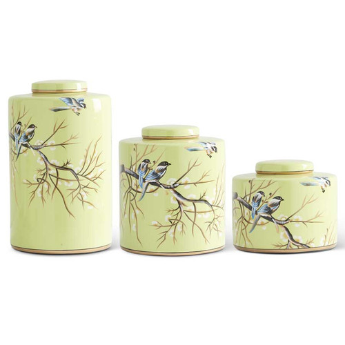 Pale Green Ceramic Lidded Ginger Jars With Blue Birds