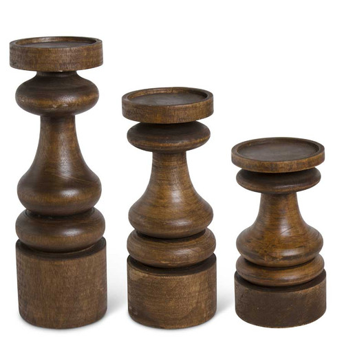 Set Of 3 Brown Mango Wood Chunky Candleholders