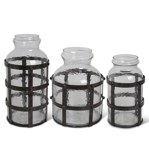 Set Of 3 Textured Glass Jars In Metal Cage