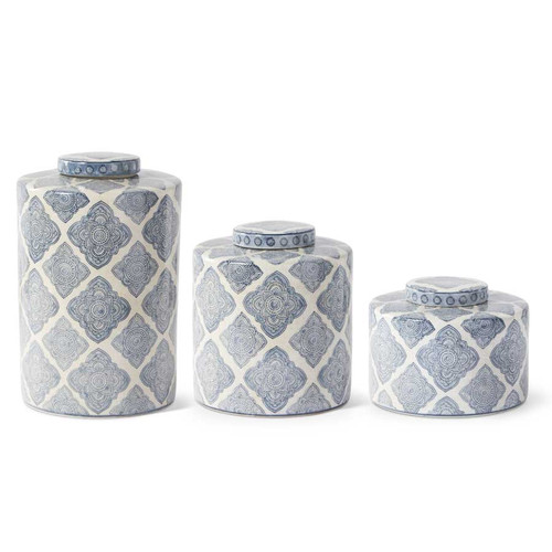 Set Of 3 Blue & White Quatrafoil Pattern Containers With Lids
