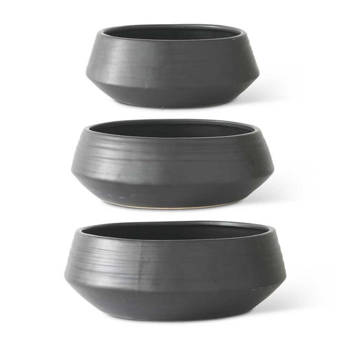 Set Of 3 Matte Black Stoneware Saucer Planters