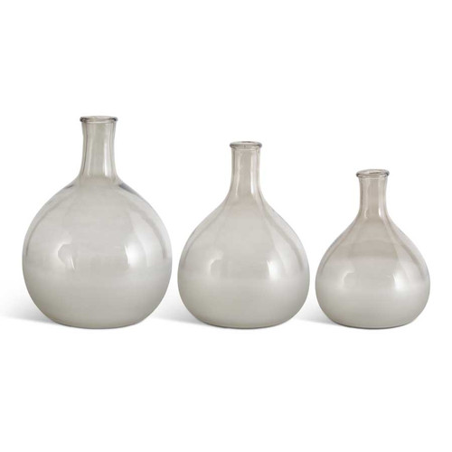 Set Of 3 Gray Glass Rounded Long Neck Bottles |Frosted Bottom