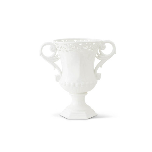 24 Inch White Ceramic Urn With 2 Handles and Ornate Rim