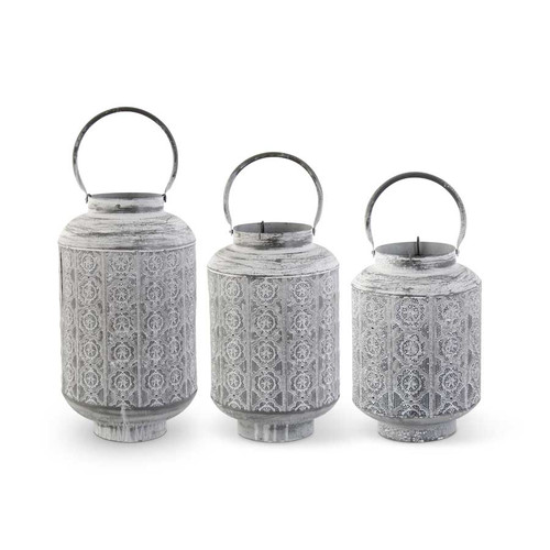 Set Of 3 Whitewash Medallion Punched Metal Lanterns