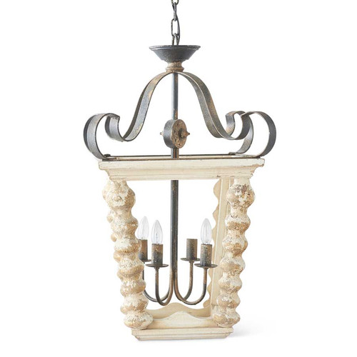 31 Inch White With Gold Wood & Metal Lantern Chandelier