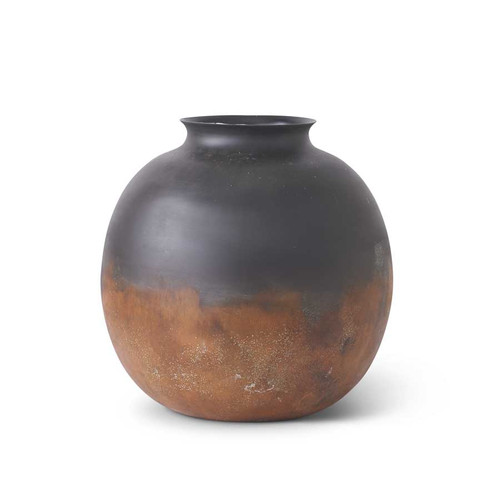 17 Inch Round Black Metal Vase With Rusty Bottom