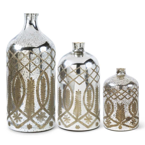 Set Of 3 Etched Mercury Glass Bottle Vases