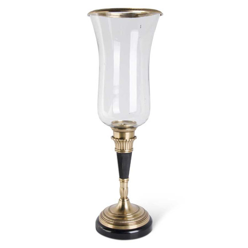 Black & Brass Pedestal Candleholder With Glass Hurricane