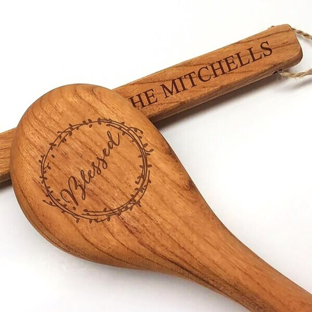 12'' Cherry Wooden Spoon - Blessed Motif With Personalization