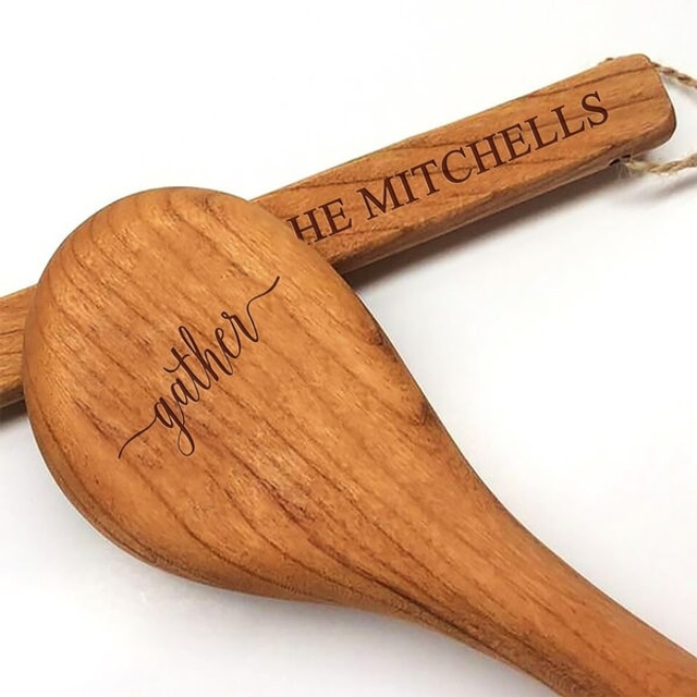 12'' Cherry Wooden Spoon - Gather Motif With Personalization