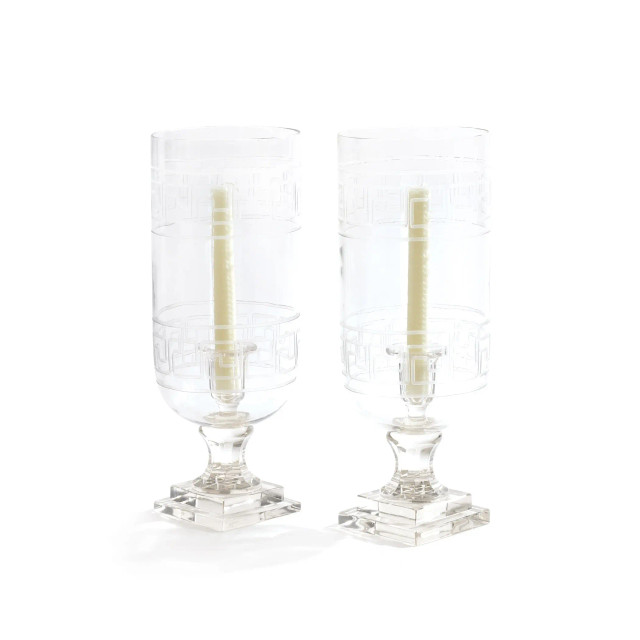 Go Home Ltd - Pair of Etched Glass Greek Key Hurricanes