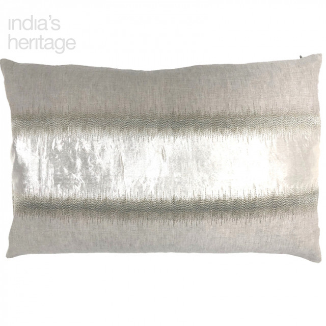 Ellora Casa by India's Heritage Royalty Linen Embroidery Lumbar 16" Pillow in Natural Ivory